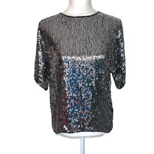 Albert Paul Womens Silver Sequin Top Size Medium M Silk Vintage Short Sleeve